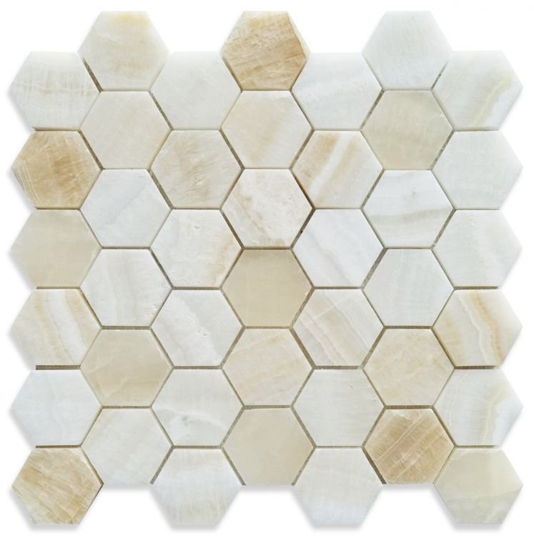 Hexagon Onyx Ivory Honed 2 x 2 11.75 x 12 - Hexagon Interiors